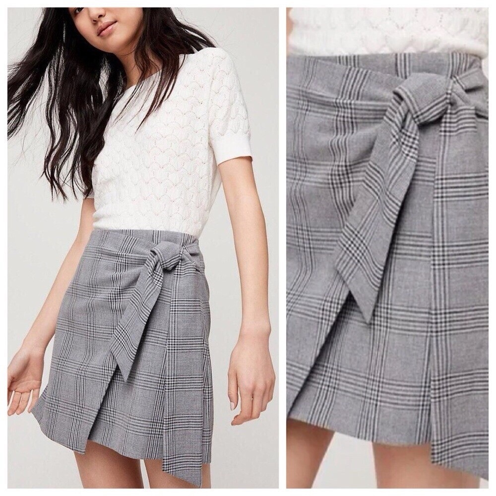 Aritzia Wilfred Gray Plaid Women's Skirt with Front Wrap Tie